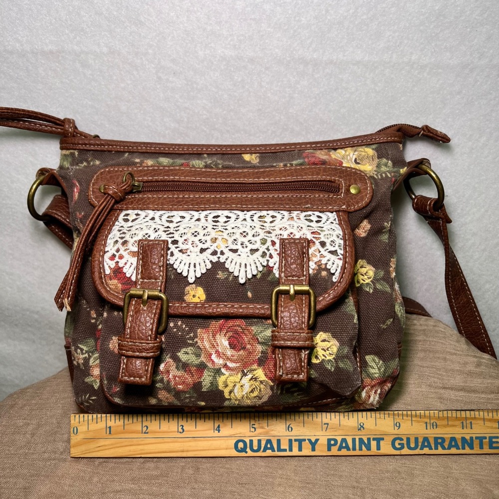 Floral Canvas Crossbody Brown Lace Trim 90s Nostalgia Y2K Cottagecore Boho Bag - Picture 9 of 13